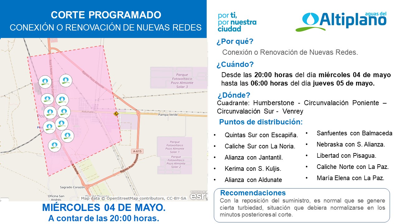 Aguas del Altiplano anuncia corte programado para localidad de Pozo Almonte