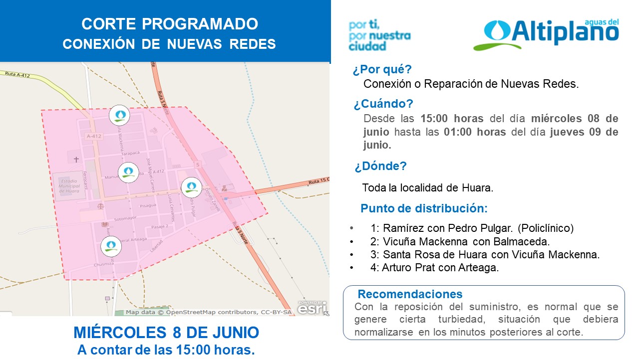 Aguas del Altiplano anuncia corte programado para localidad de Huara