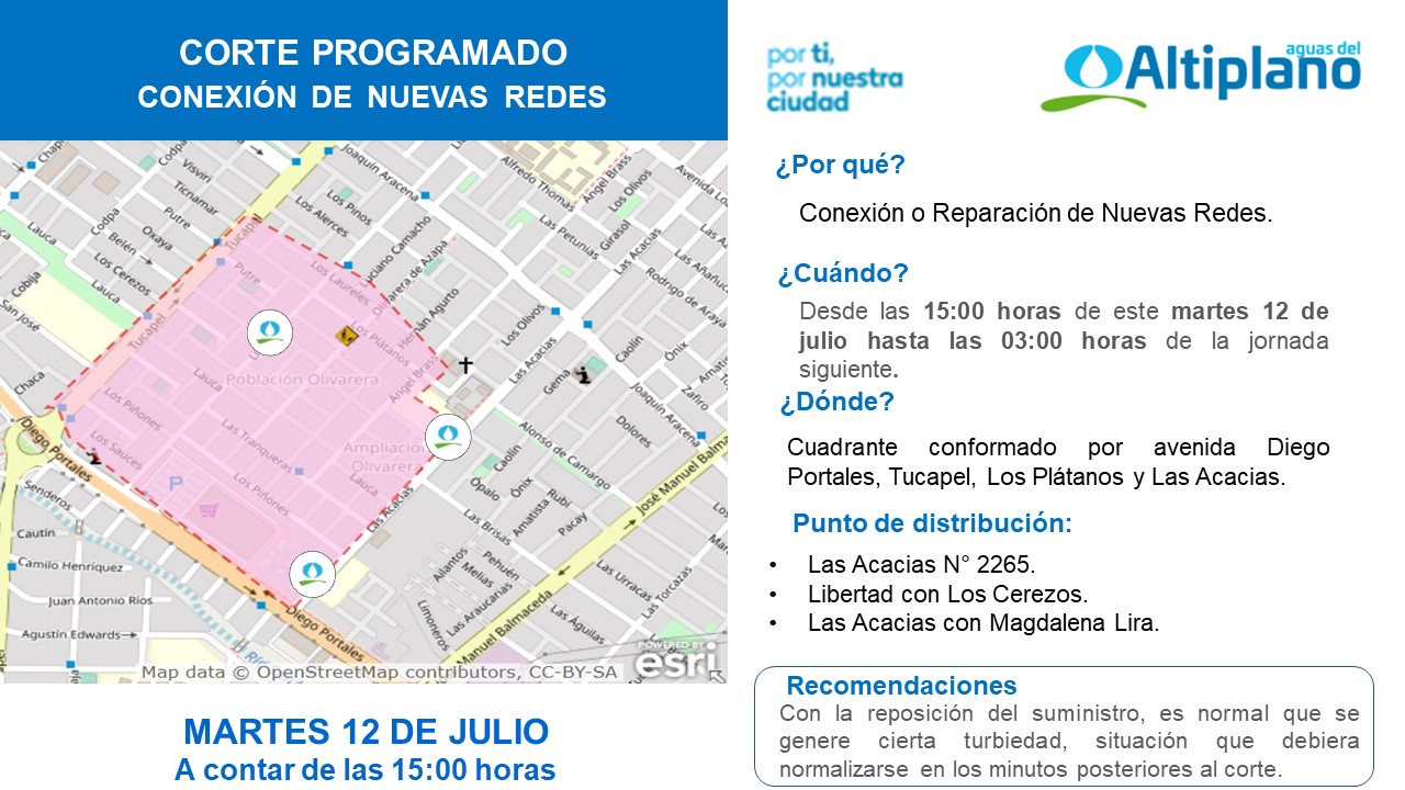 Aguas del Altiplano realizará corte programado en sector JJVV Olivarera
