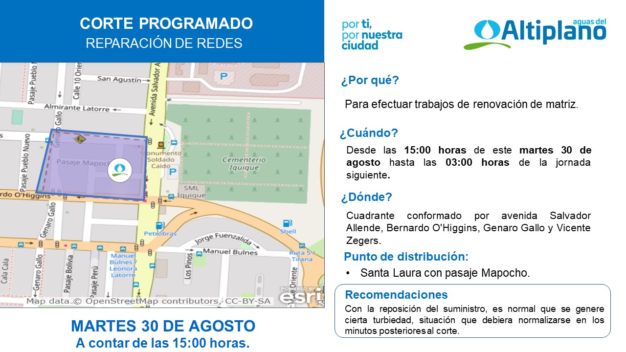 Aguas del Altiplano anuncia corte programado para sector centro alto de Iquique