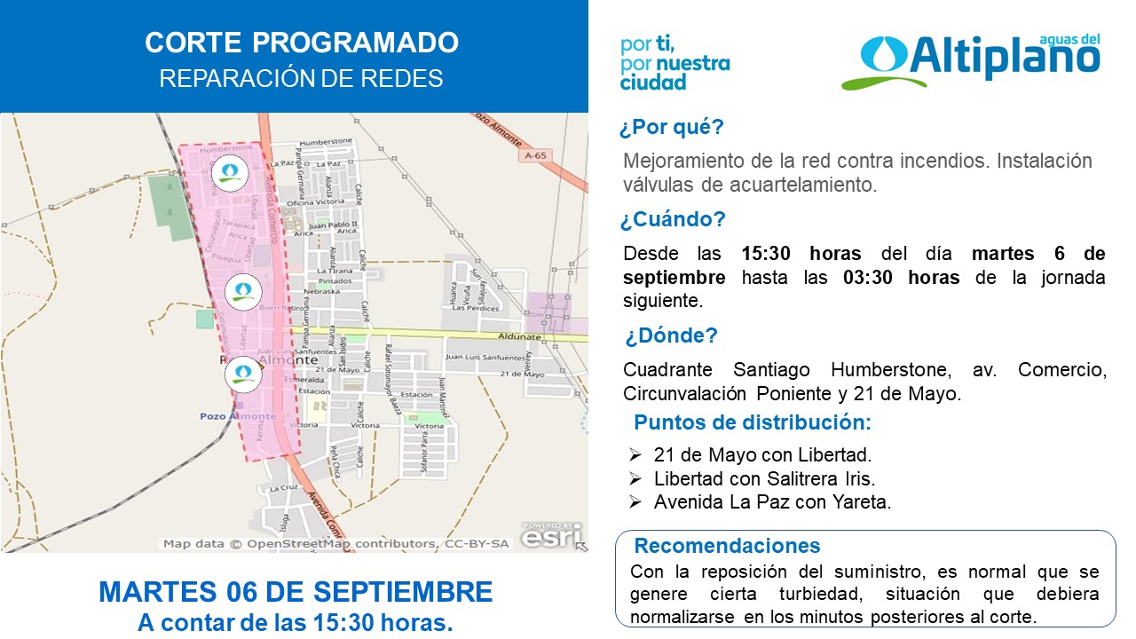 Aguas del Altiplano anuncia corte programado para localidad de Pozo Almonte