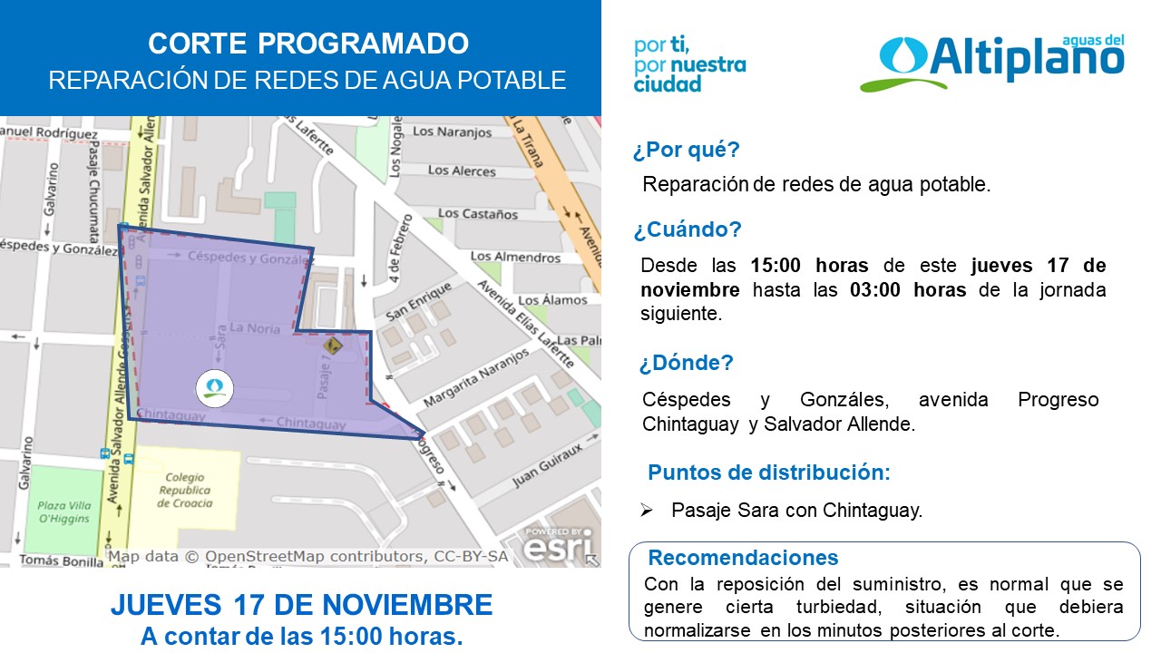 Aguas del Altiplano realizará hoy corte programado en cuadrante Céspedes y González, avenida Salvador Allende, Chintaguay y avenida Progreso
