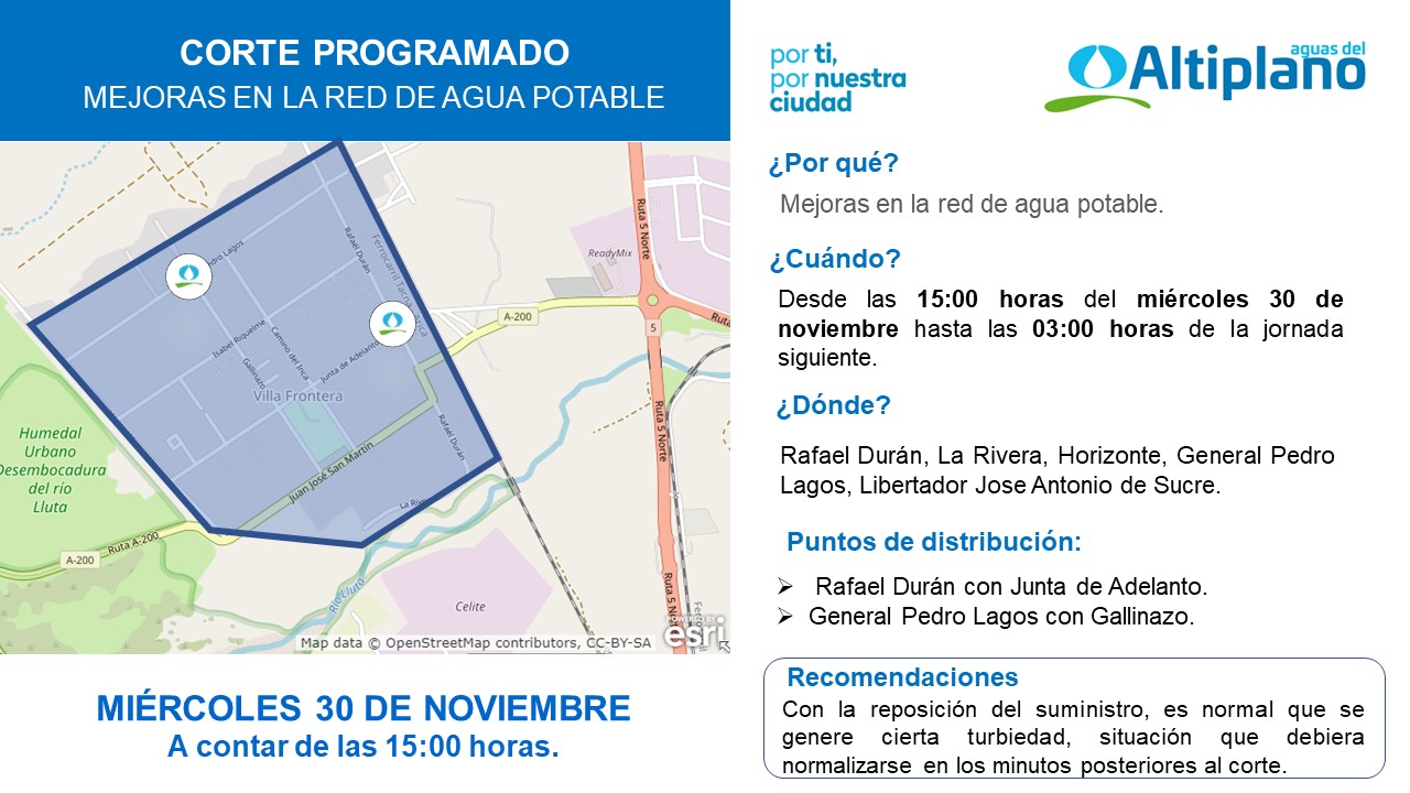 Aguas del Altiplano realizará corte programado en Villa Frontera