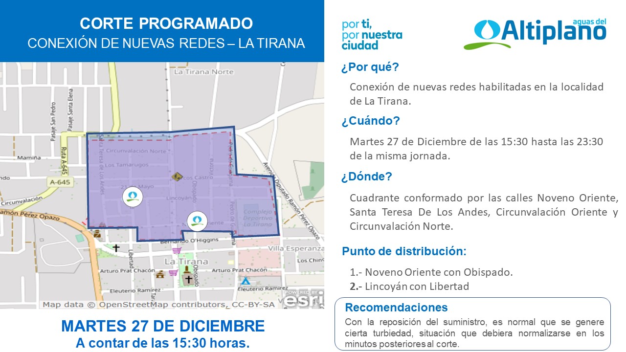 Aguas del Altiplano realizará corte programado en localidad de La Tirana