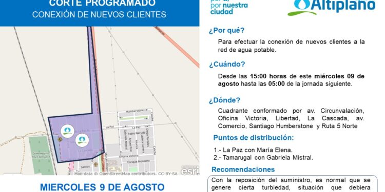 Aguas del Altiplano anuncia corte programado para localidad de Pozo Almonte
