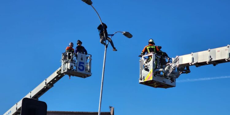 Carabineros y Bomberos rescatan a hombre desde poste de alumbrado público