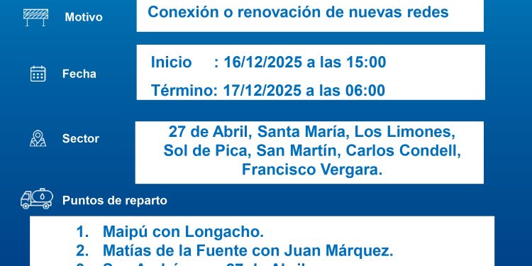 Corte programado de agua potable en comuna de Pica
