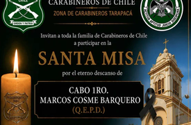 Hoy, 12.30 horas: Misa en la Catedral de Iquique por el eterno descanso del cabo de Carabineros Marcos Cosme Barquero