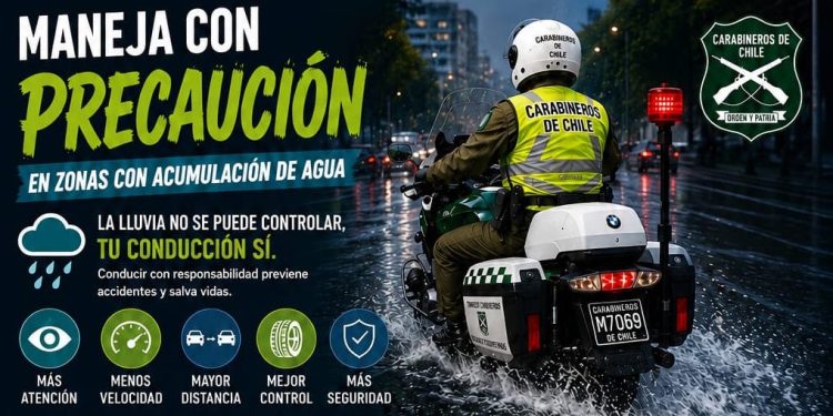 Carabineros llamó a manejar con precaución: ¡La lluvia no se puede controlar, tú conducción sí!